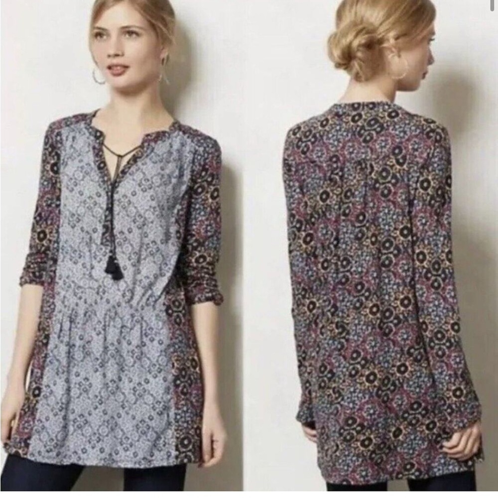 Anthropologie Blue Tie Front 3/4 Peasant Style Tunic